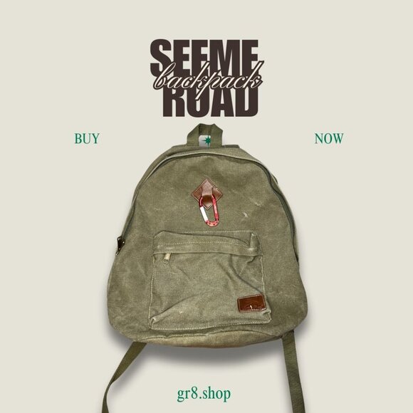 Olive Green Canvas Backpack With Front Pocket & Carabiner Clip - Picture 1 of 6